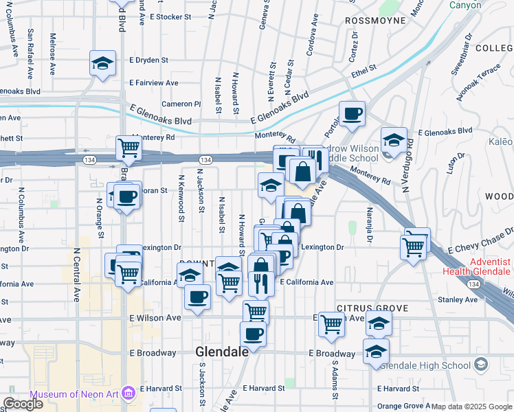 map of restaurants, bars, coffee shops, grocery stores, and more near 521 Geneva Street in Glendale