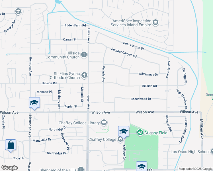 map of restaurants, bars, coffee shops, grocery stores, and more near 5517 Valinda Avenue in Rancho Cucamonga