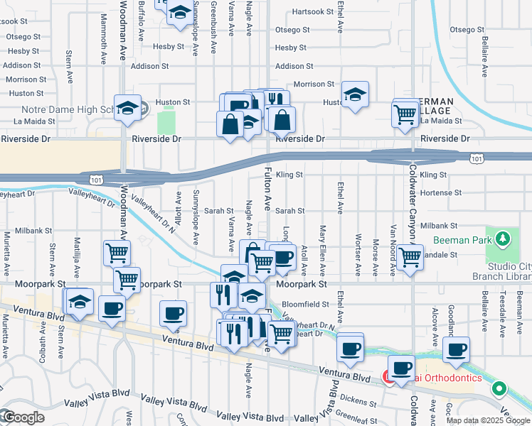 map of restaurants, bars, coffee shops, grocery stores, and more near 4549 Longridge Avenue in Los Angeles