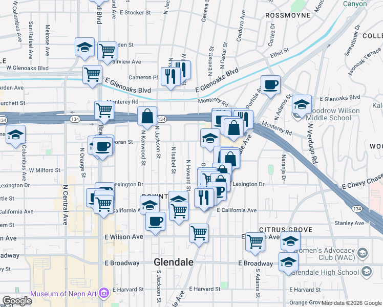 map of restaurants, bars, coffee shops, grocery stores, and more near 520 North Howard Street in Glendale