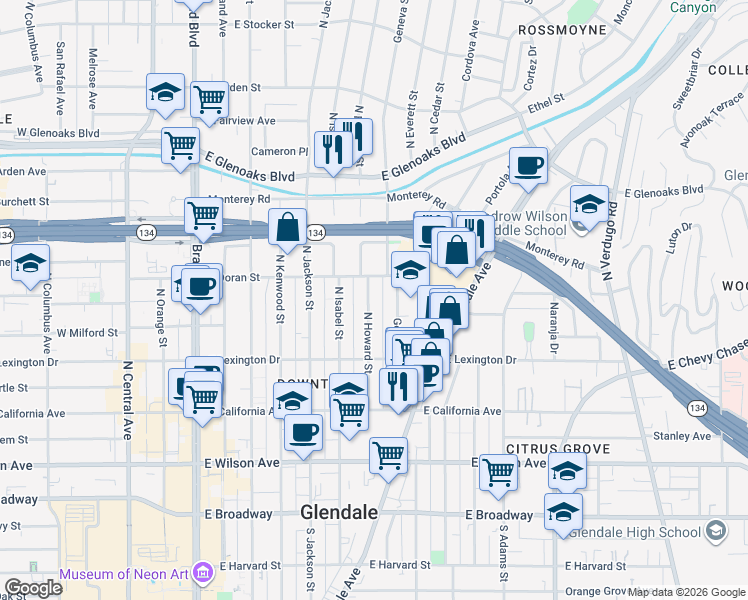 map of restaurants, bars, coffee shops, grocery stores, and more near 520 North Howard Street in Glendale