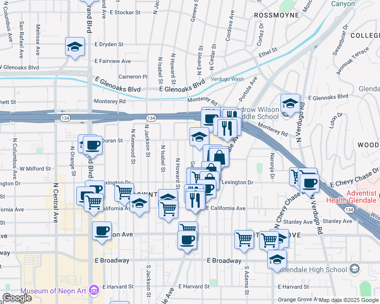 map of restaurants, bars, coffee shops, grocery stores, and more near 521 Geneva Street in Glendale