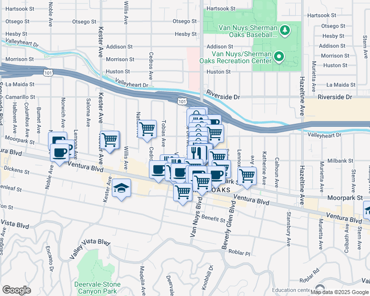 map of restaurants, bars, coffee shops, grocery stores, and more near 4533 Vista Del Monte Avenue in Los Angeles