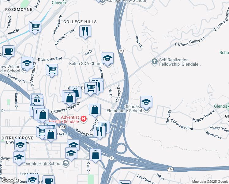 map of restaurants, bars, coffee shops, grocery stores, and more near 1917 Eden Avenue in Glendale