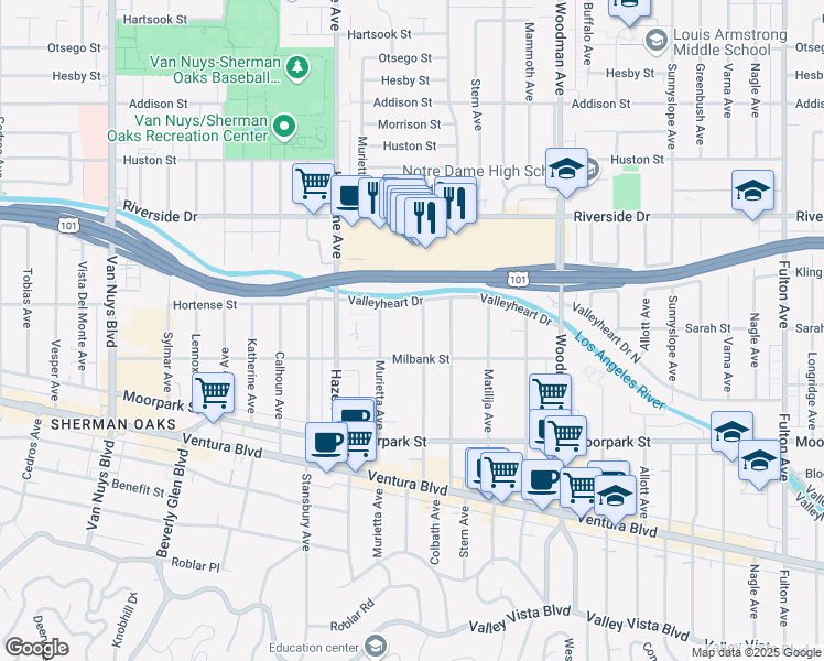 map of restaurants, bars, coffee shops, grocery stores, and more near 4533 Colbath Avenue in Los Angeles