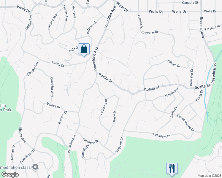 map of restaurants, bars, coffee shops, grocery stores, and more near 19141 Gayle Place in Tarzana
