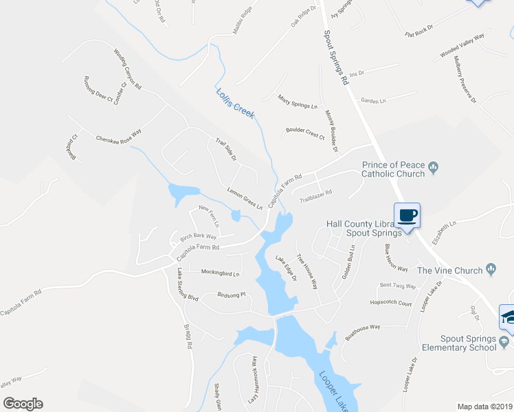 map of restaurants, bars, coffee shops, grocery stores, and more near 6511 Lemon Grass Lane in Flowery Branch