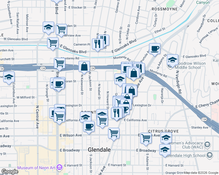 map of restaurants, bars, coffee shops, grocery stores, and more near 520 North Howard Street in Glendale
