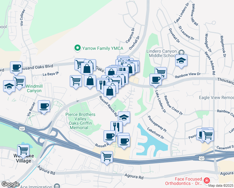 map of restaurants, bars, coffee shops, grocery stores, and more near 30872 Champagne Court in Westlake Village