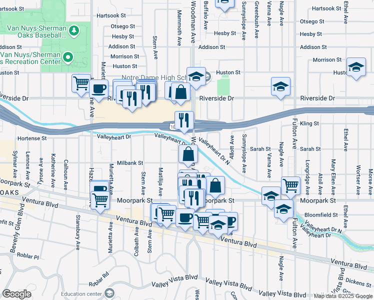 map of restaurants, bars, coffee shops, grocery stores, and more near 13712 Valleyheart Drive North in Los Angeles