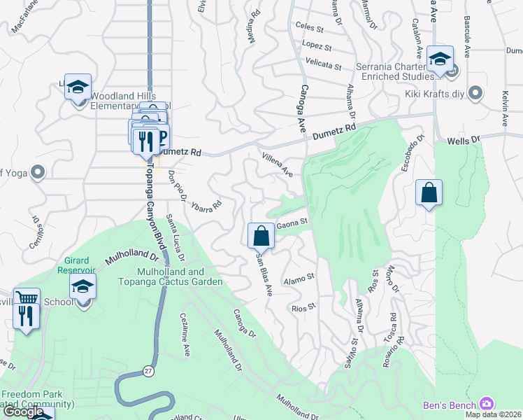 map of restaurants, bars, coffee shops, grocery stores, and more near 4980 Alatar Drive in Los Angeles
