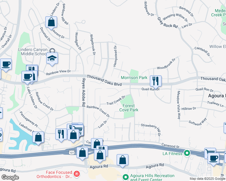 map of restaurants, bars, coffee shops, grocery stores, and more near 30028 Torrepines Place in Agoura Hills