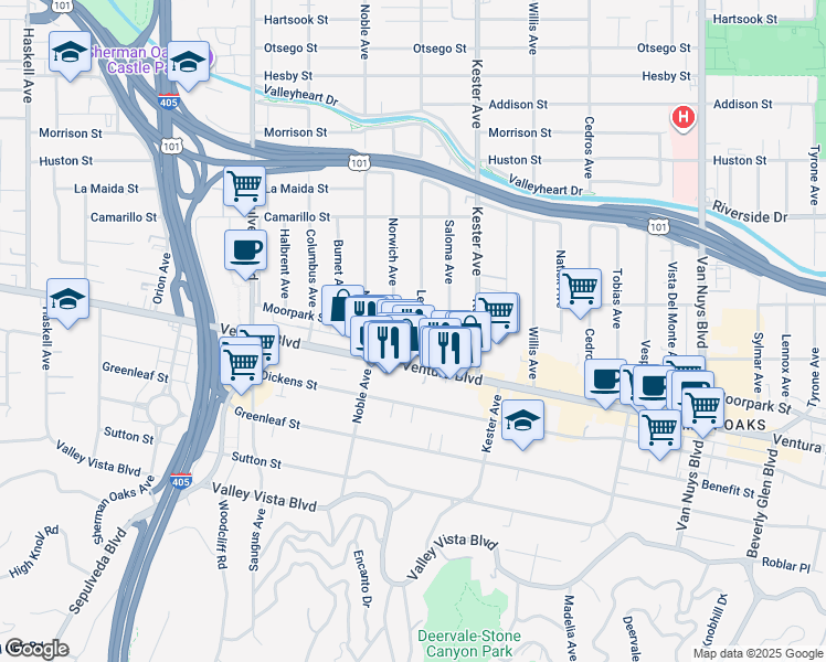 map of restaurants, bars, coffee shops, grocery stores, and more near 15009 Moorpark Street in Los Angeles
