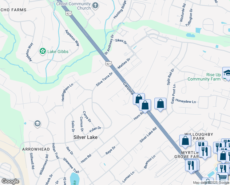 map of restaurants, bars, coffee shops, grocery stores, and more near 1036 Adams Landing Drive in Wilmington