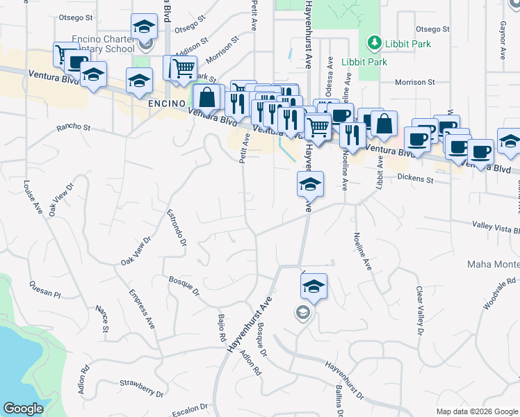 map of restaurants, bars, coffee shops, grocery stores, and more near 16631 Nanberry Road in Los Angeles