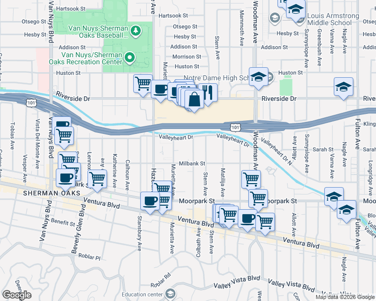 map of restaurants, bars, coffee shops, grocery stores, and more near 4533 Colbath Avenue in Los Angeles