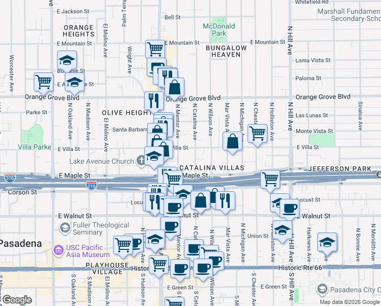 map of restaurants, bars, coffee shops, grocery stores, and more near 449 North Catalina Avenue in Pasadena