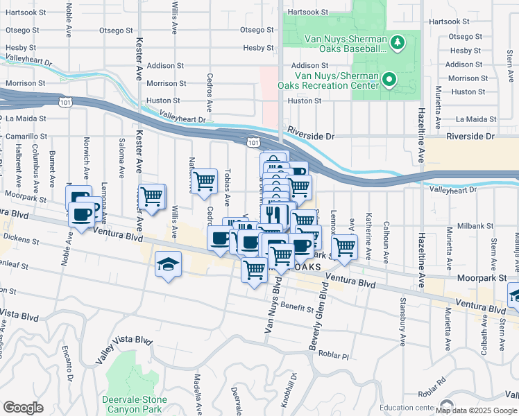 map of restaurants, bars, coffee shops, grocery stores, and more near 4533 Vista Del Monte Avenue in Los Angeles