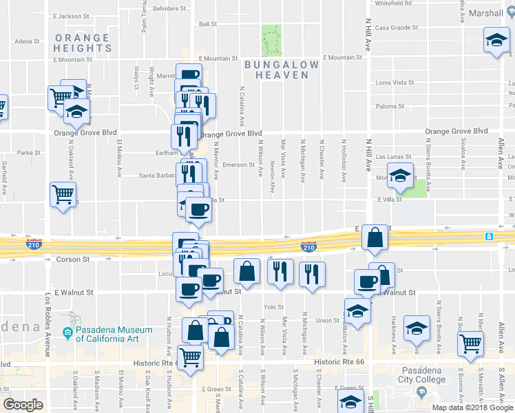 map of restaurants, bars, coffee shops, grocery stores, and more near 459 North Wilson Avenue in Pasadena