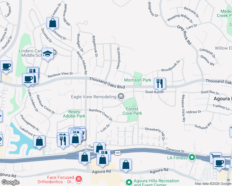 map of restaurants, bars, coffee shops, grocery stores, and more near 30028 Torrepines Place in Agoura Hills