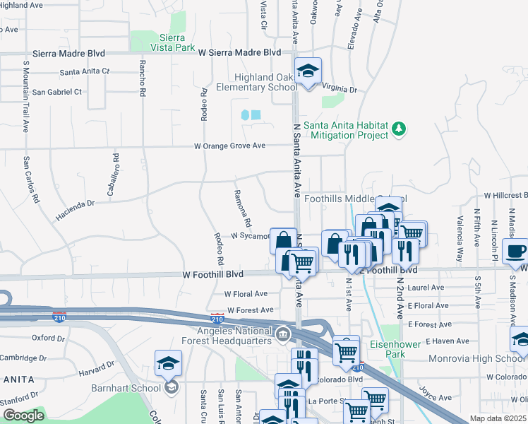 map of restaurants, bars, coffee shops, grocery stores, and more near 36 Woodland Lane in Arcadia