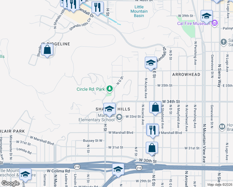 map of restaurants, bars, coffee shops, grocery stores, and more near 3490 Circle Road in San Bernardino