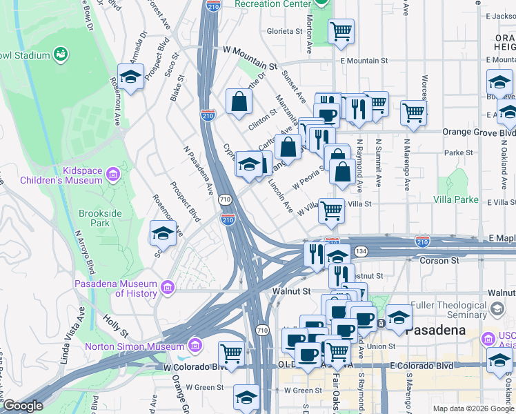 map of restaurants, bars, coffee shops, grocery stores, and more near 537 Cypress Avenue in Pasadena