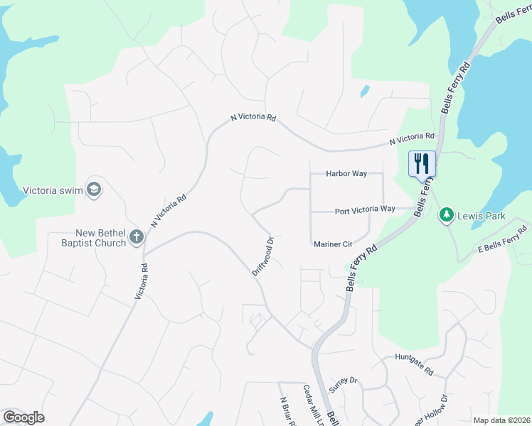 map of restaurants, bars, coffee shops, grocery stores, and more near 511 Windward Way in Woodstock