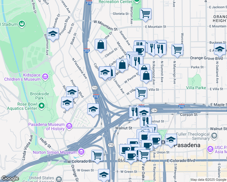 map of restaurants, bars, coffee shops, grocery stores, and more near 503 Cypress Avenue in Pasadena