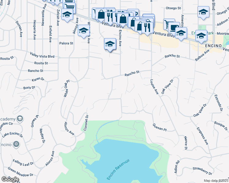 map of restaurants, bars, coffee shops, grocery stores, and more near 4634 White Oak Avenue in Los Angeles