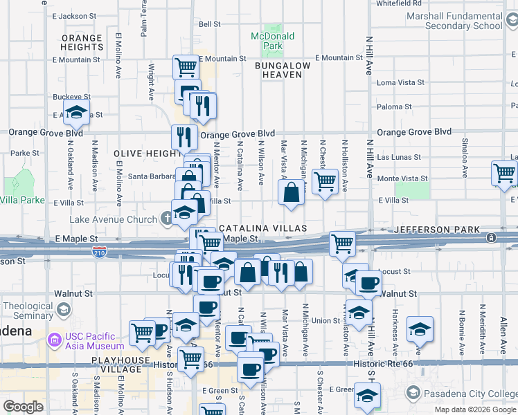 map of restaurants, bars, coffee shops, grocery stores, and more near 459 North Wilson Avenue in Pasadena