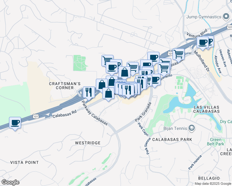 map of restaurants, bars, coffee shops, grocery stores, and more near 3915 Prado Del Maiz in Calabasas