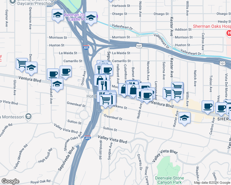 map of restaurants, bars, coffee shops, grocery stores, and more near 15233 Ventura Boulevard in Los Angeles