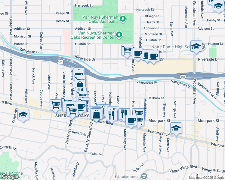 map of restaurants, bars, coffee shops, grocery stores, and more near 4532 Katherine Avenue in Los Angeles