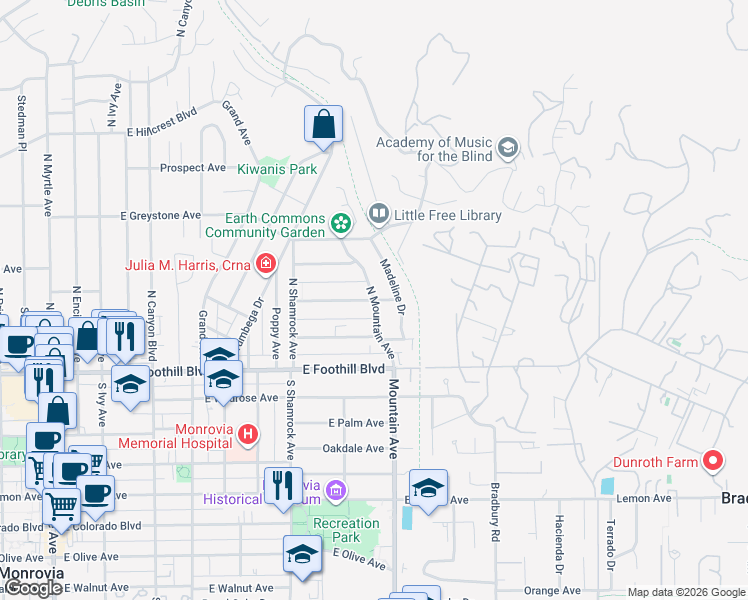 map of restaurants, bars, coffee shops, grocery stores, and more near N Mountain Ave & Valley View Ave in Monrovia