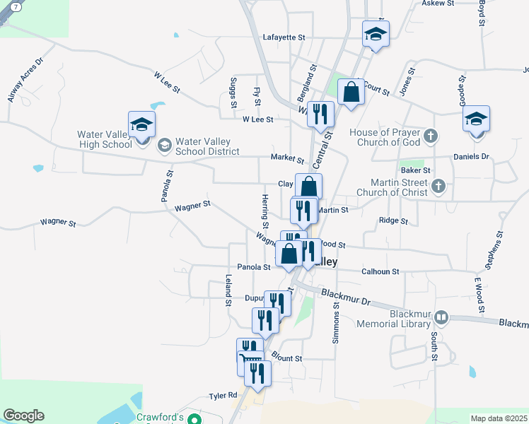 map of restaurants, bars, coffee shops, grocery stores, and more near 407 Herring Street in Water Valley