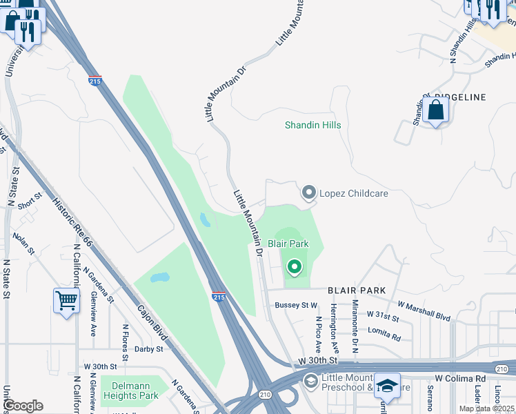 map of restaurants, bars, coffee shops, grocery stores, and more near 1500 West Edgehill Road in San Bernardino