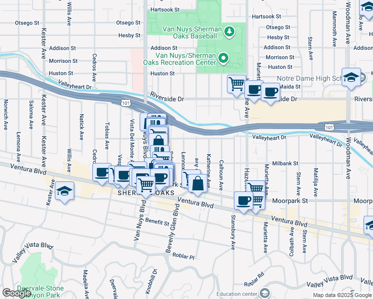 map of restaurants, bars, coffee shops, grocery stores, and more near 4534 Lennox Avenue in Los Angeles