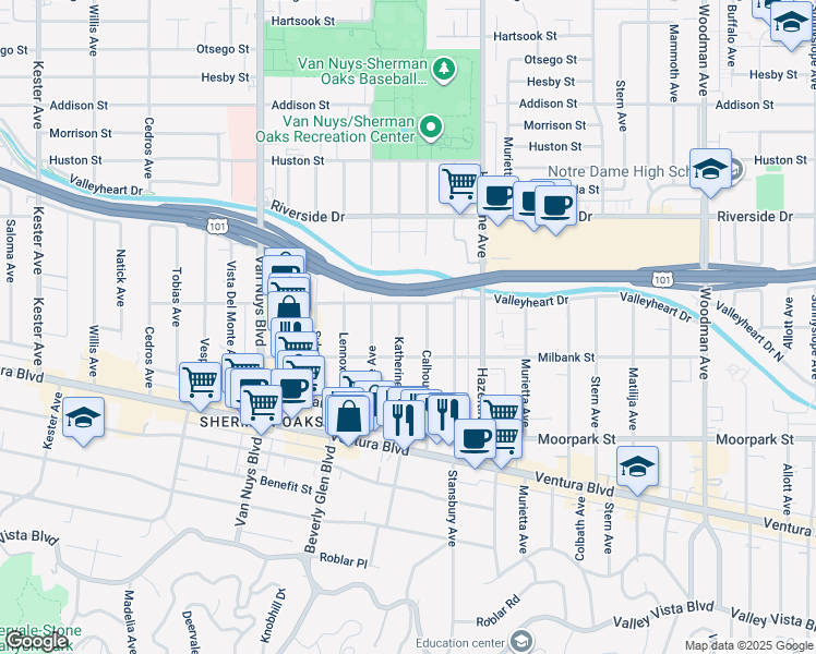 map of restaurants, bars, coffee shops, grocery stores, and more near 4532 Katherine Avenue in Los Angeles