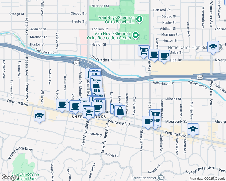 map of restaurants, bars, coffee shops, grocery stores, and more near 4534 Lennox Avenue in Los Angeles