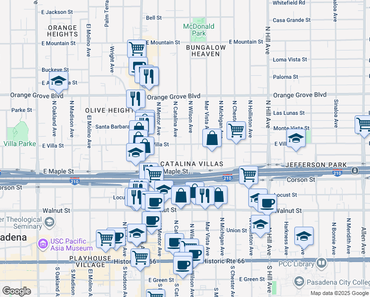map of restaurants, bars, coffee shops, grocery stores, and more near 2 East Villa Street in Pasadena