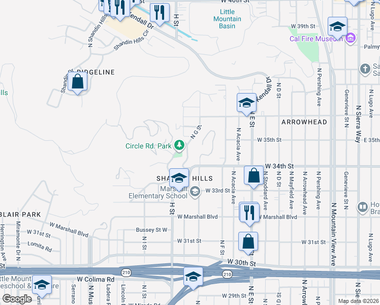 map of restaurants, bars, coffee shops, grocery stores, and more near 3490 Circle Road in San Bernardino