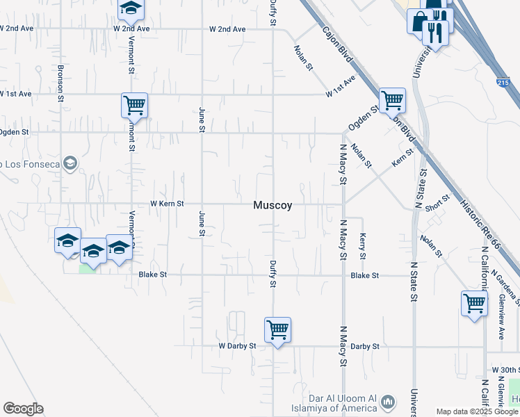 map of restaurants, bars, coffee shops, grocery stores, and more near 3154 Duffy Street in Muscoy