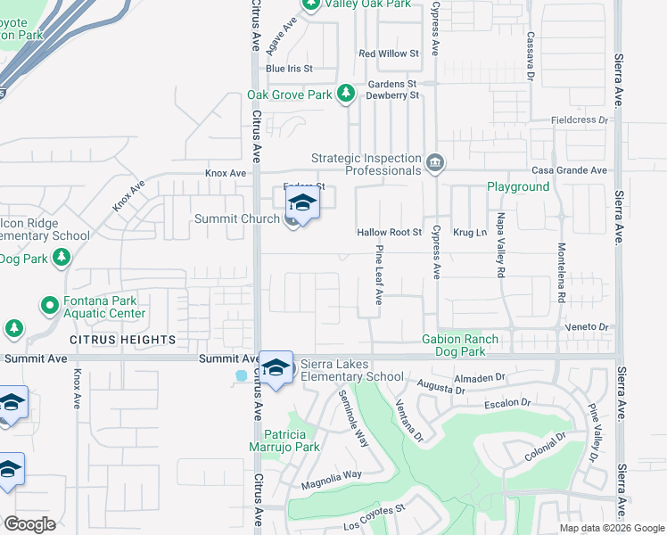 map of restaurants, bars, coffee shops, grocery stores, and more near 16176 Messina Street in Fontana