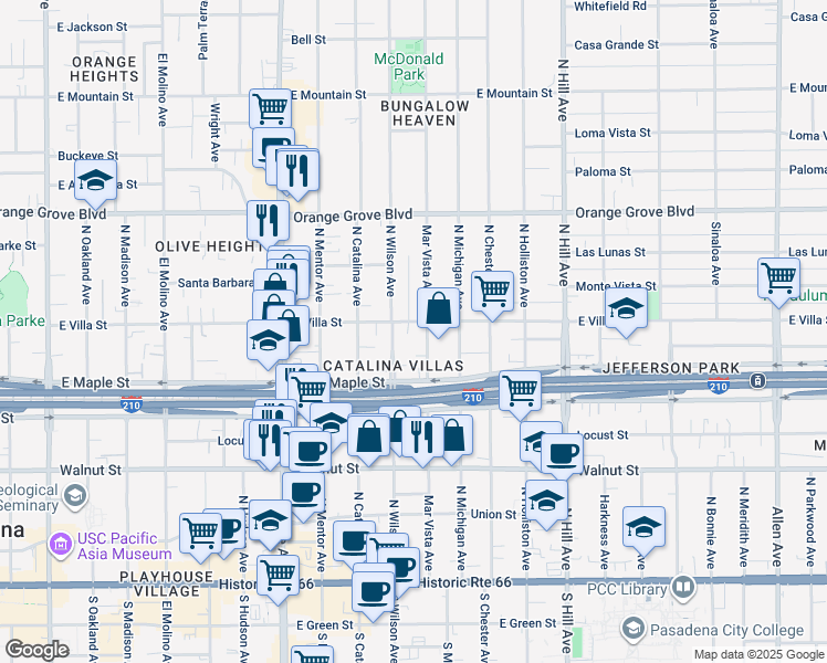map of restaurants, bars, coffee shops, grocery stores, and more near 432 North Wilson Avenue in Pasadena