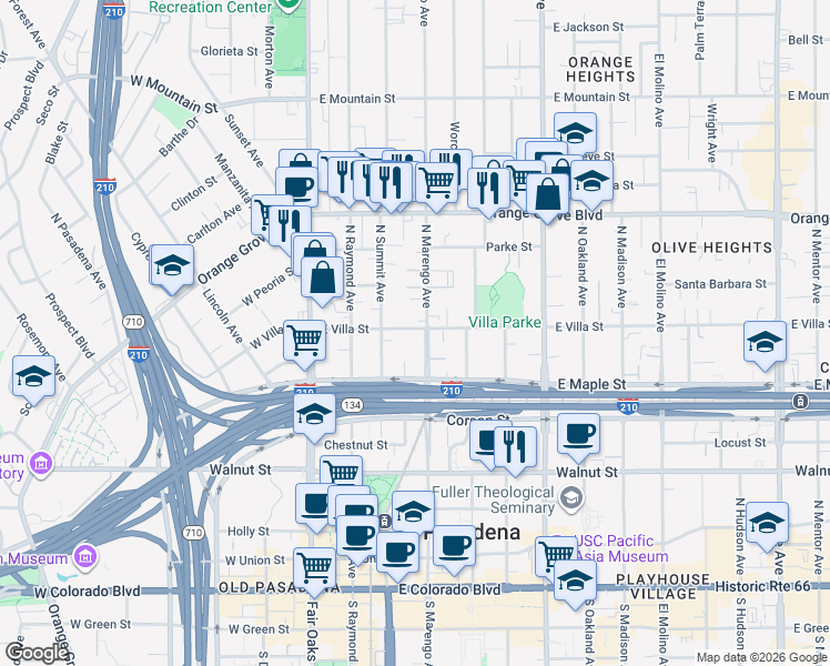 map of restaurants, bars, coffee shops, grocery stores, and more near 440 North Marengo Avenue in Pasadena