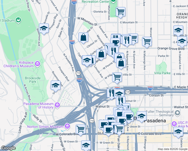 map of restaurants, bars, coffee shops, grocery stores, and more near 503 Cypress Avenue in Pasadena