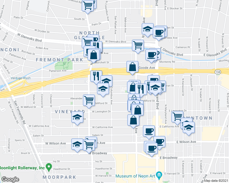 map of restaurants, bars, coffee shops, grocery stores, and more near in Glendale