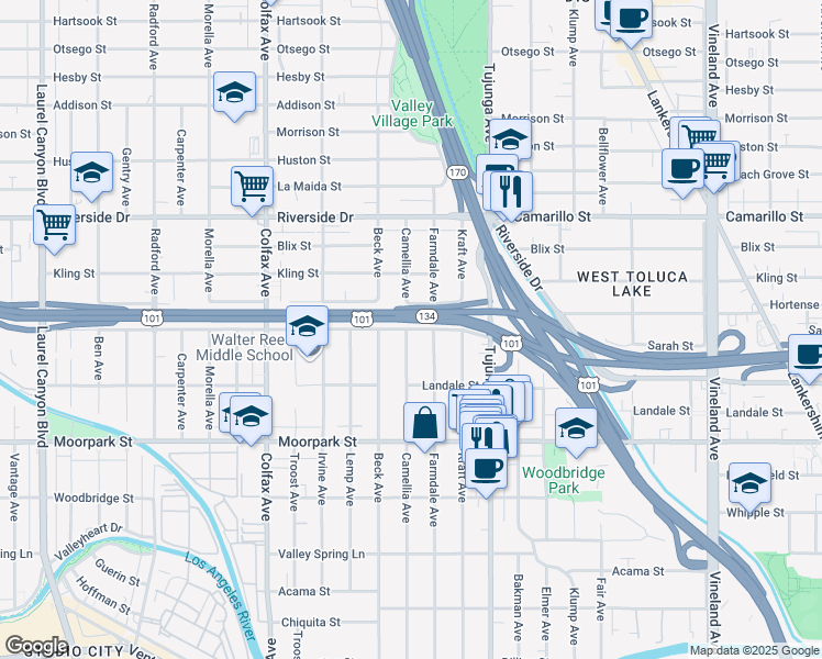 map of restaurants, bars, coffee shops, grocery stores, and more near 4543 Farmdale Avenue in Los Angeles