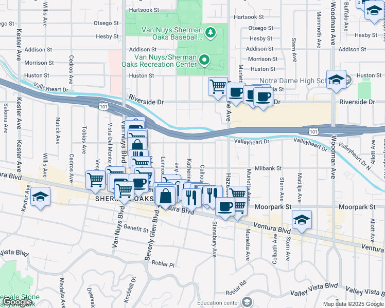map of restaurants, bars, coffee shops, grocery stores, and more near 4512 Katherine Avenue in Los Angeles